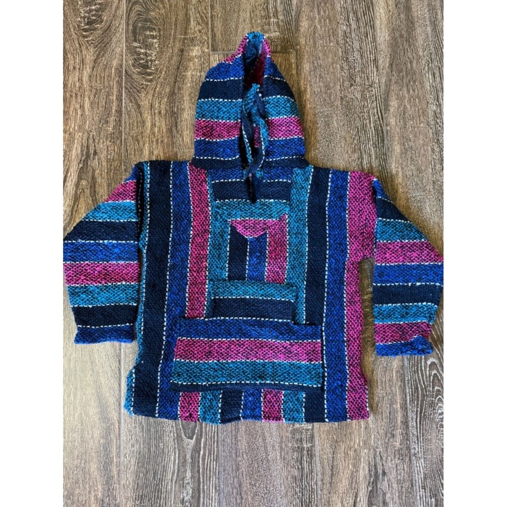 Mexican Blanket Poncho Sweater Hoodie Multicolor Warm Baja